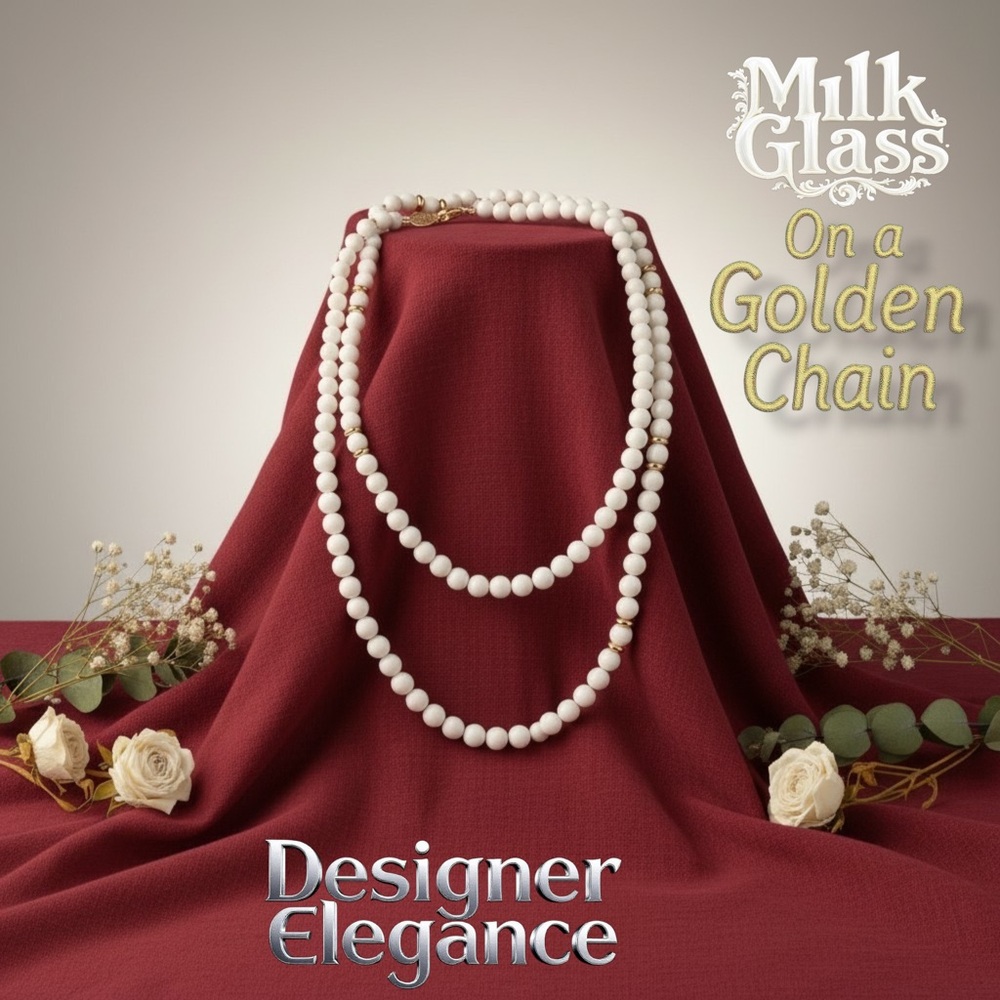 Vintage Carolina Herrera Long Necklace – Milk Glass & Gold 33”